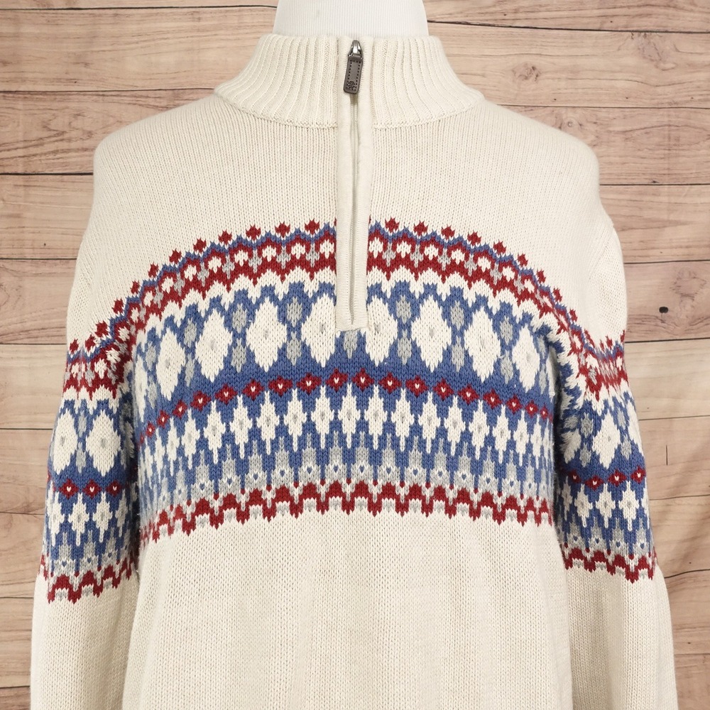 IZOD Sweater Men 2XB Cream Good Fair Isle Quarter Zip Cotton Blend Knit